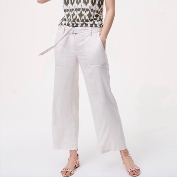 LOFT Belted Linen-Blend Wide-Leg Cropped Pants - Picture 7 of 7